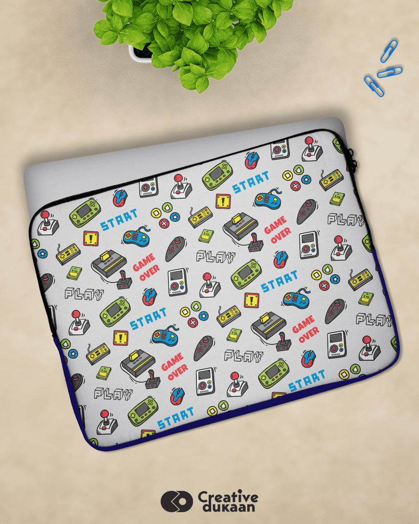 Cool Gaming Doodle Laptop Sleeves in White Color Background - Creative Dukaan