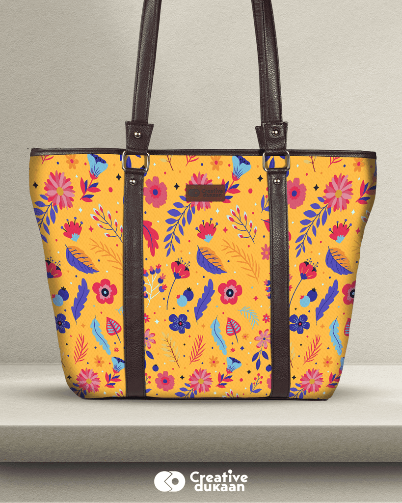 Yellow Floral Stylish Tote Bag - Creative Dukaan