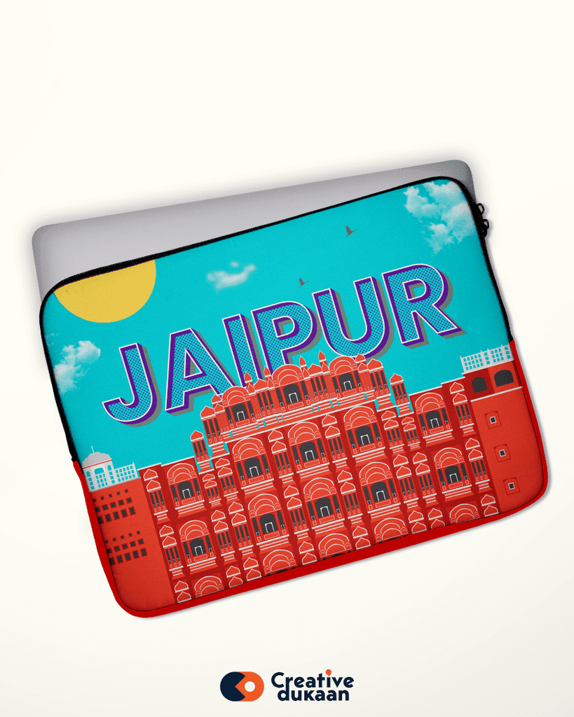 Quirky and Cool Blue Laptop Sleeves with Tagline " Jaipur " - Creative Dukaan