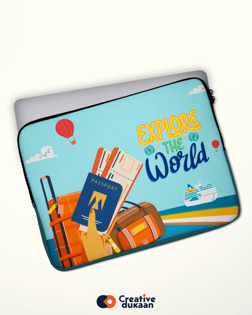 Quirky and Cool Blue Laptop Sleeves with Tagline " Explore the World " - Creative Dukaan