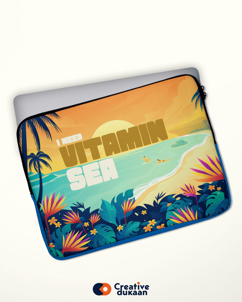 Cool and Quirky Yellow Laptop Sleeves with Tagling " I need Vitamin Sea" - Creative Dukaan