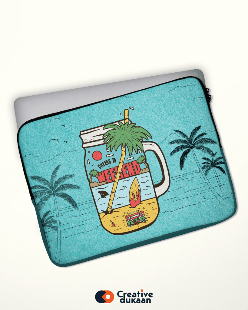 Quirky and Cool Blue Laptop Sleeves with Tagline " Cheers To Weekend " - Creative Dukaan