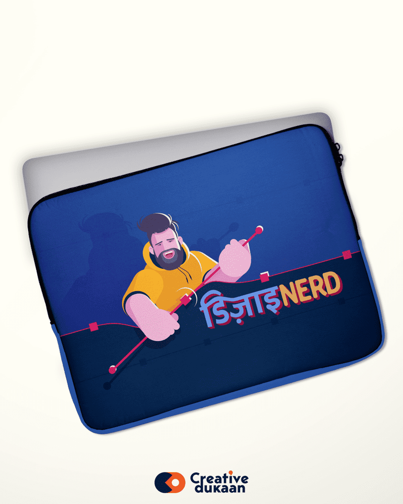 Cool and Quirky Blue Laptop Sleeves with Tagline "Design Nerd" - Creative Dukaan