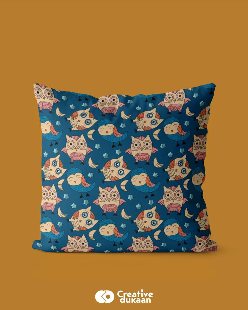 Cute Pillow Cover With Night Owl Design in Blue Colour - Creative Dukaan