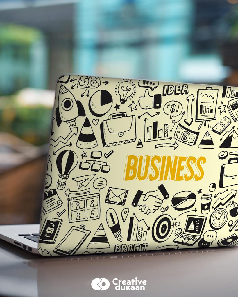 Cool Laptop Skin With Business Doodles in Black Colour - Creative Dukaan