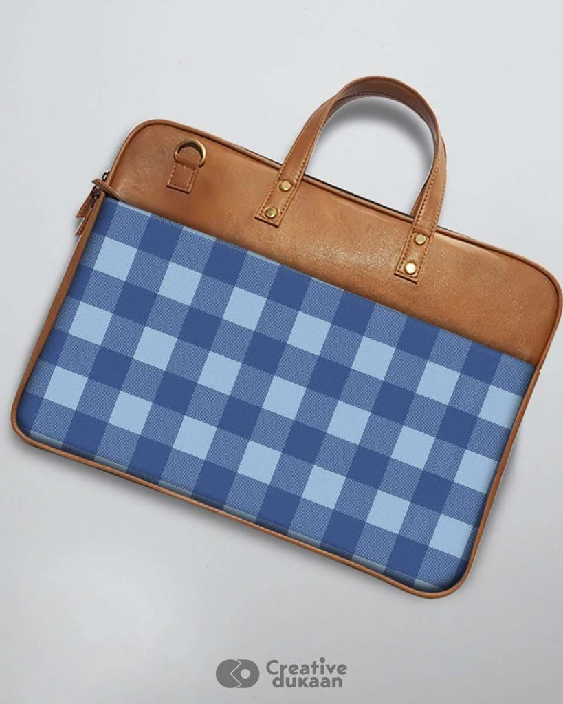 Blue Checkered - The Vegan Leather Laptop Bag - Creative Dukaan