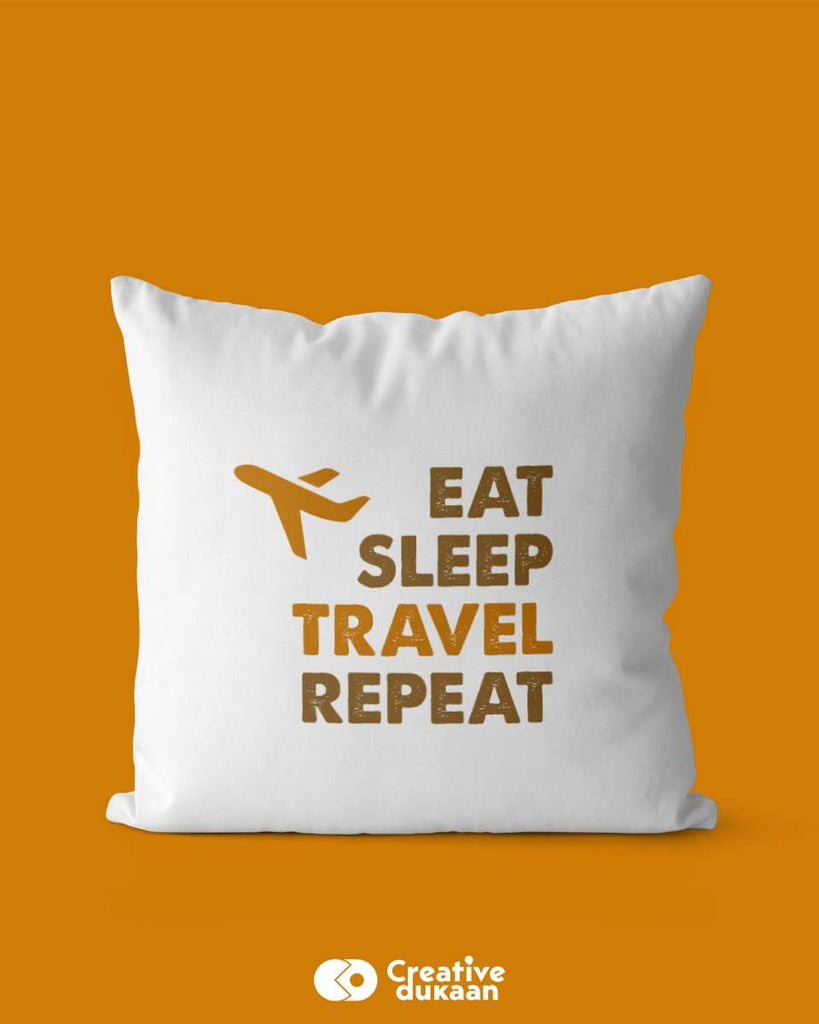White Fancy Pillow Cover With Eat Sleep Travel Repeat Text - Creative Dukaan