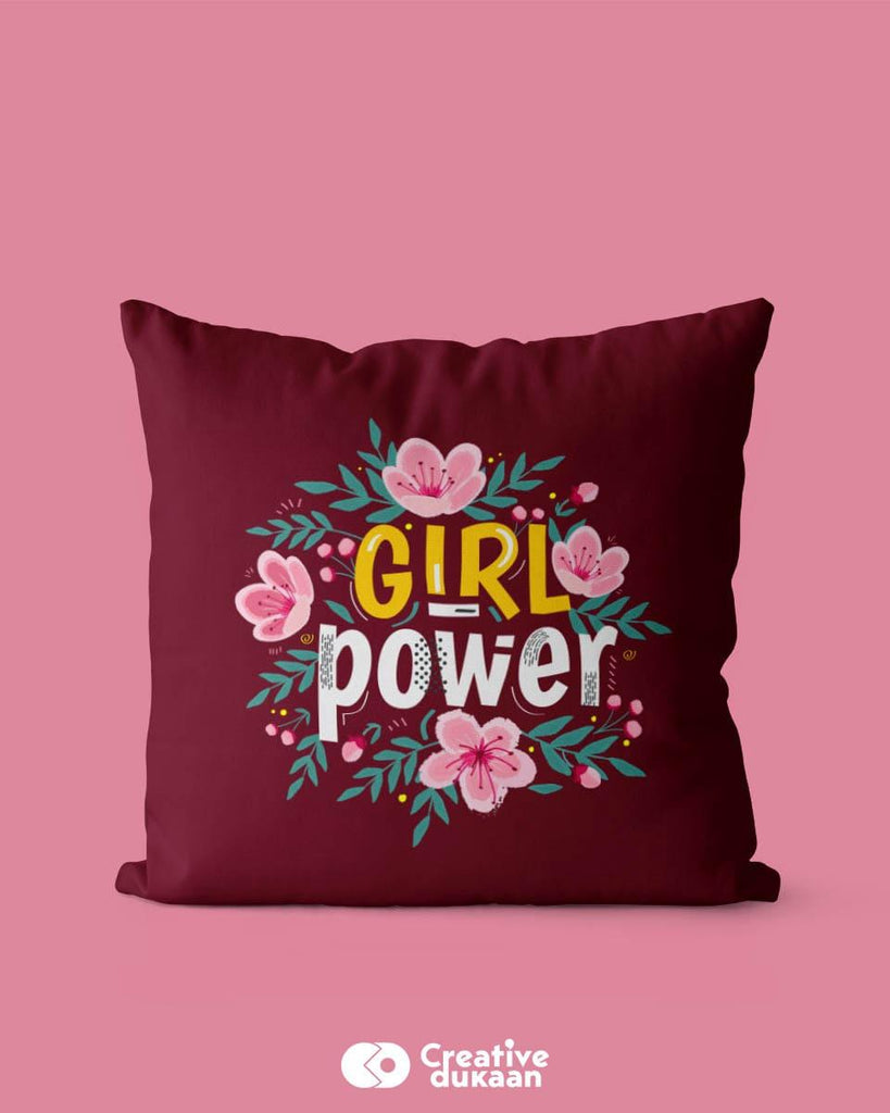 Cute Pillow Cover With Girl Power Text & Floral Design - Creative Dukaan