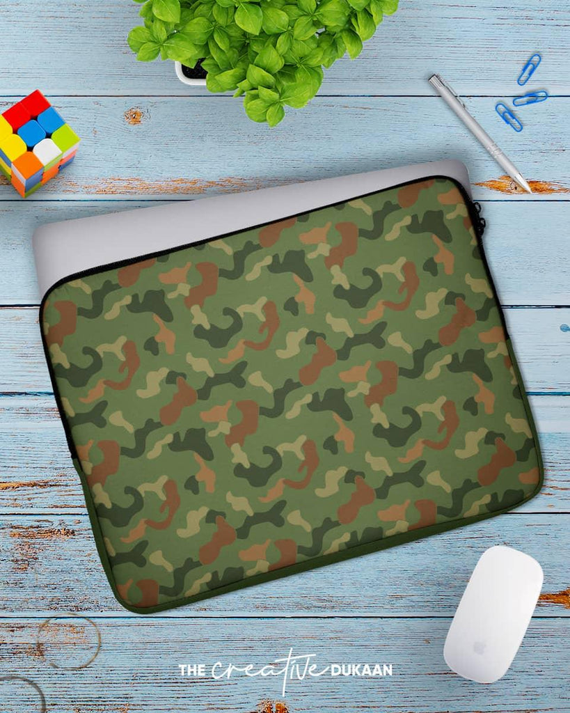 Green Colour Laptop Cover - Army Style Camouflage Pattern - Creative Dukaan