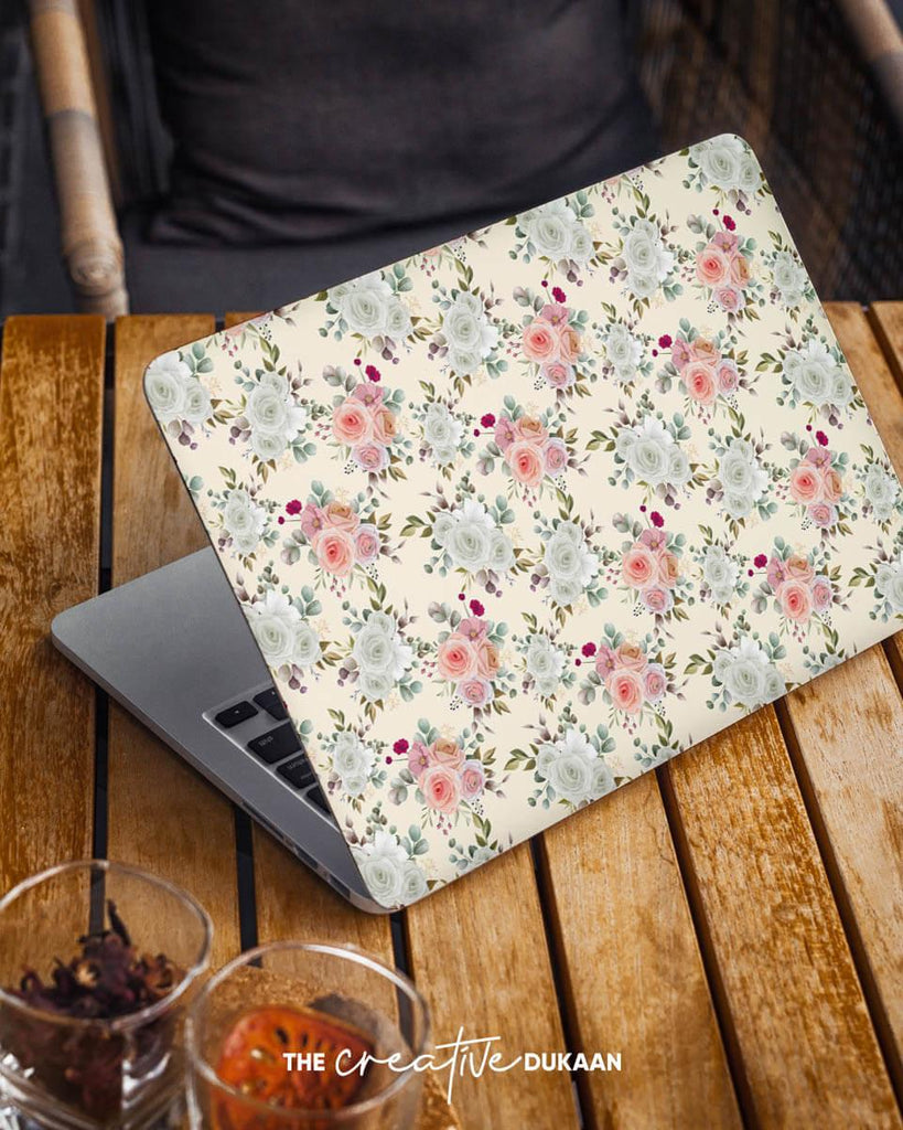 Floral Laptop Skin With Bouquet of Flower in Cream Colour - Creative Dukaan