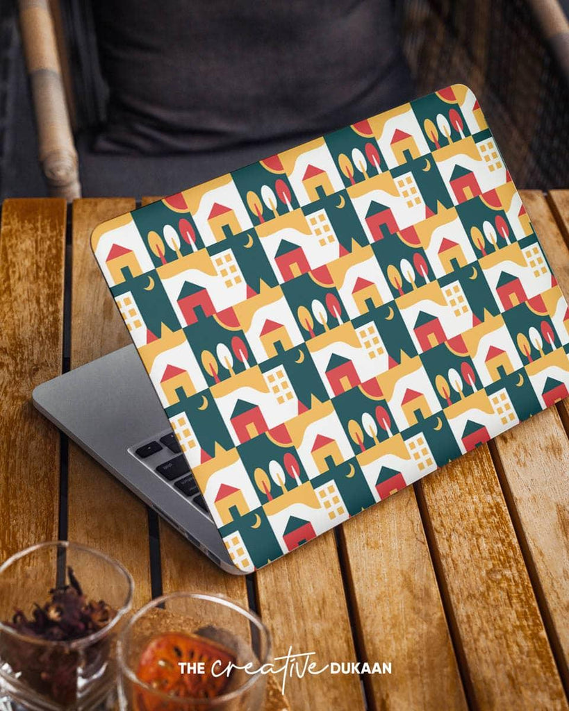 Cool & Creative Laptop Skin With Tiny Home Pattern Design - Creative Dukaan