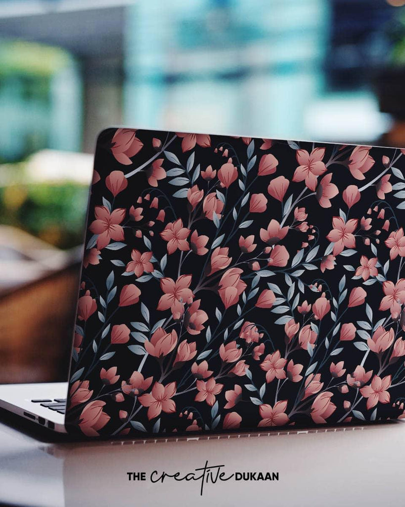 Floral Laptop Skin With Flower Printed Design on Black Background - Creative Dukaan