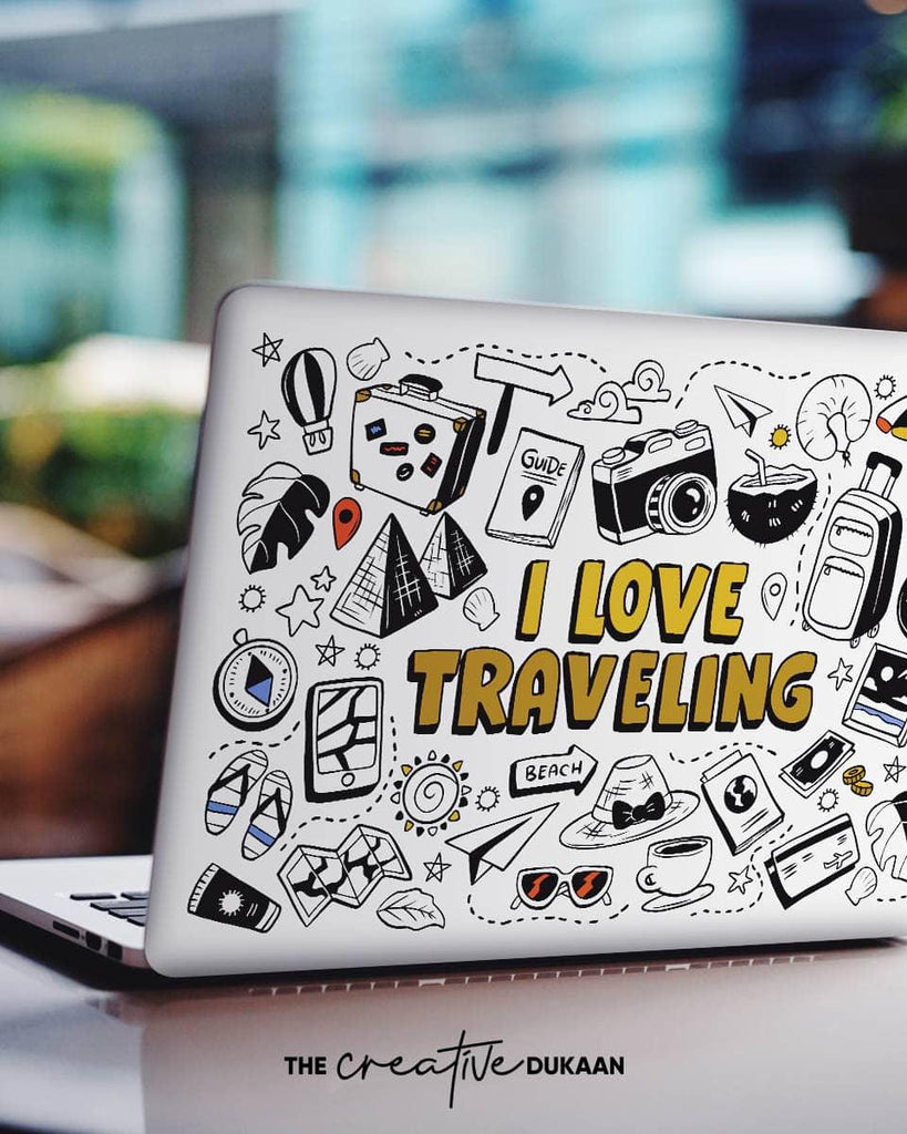Travel Doodle Laptop Skin With Quote "I Love Traveling" - Creative Dukaan