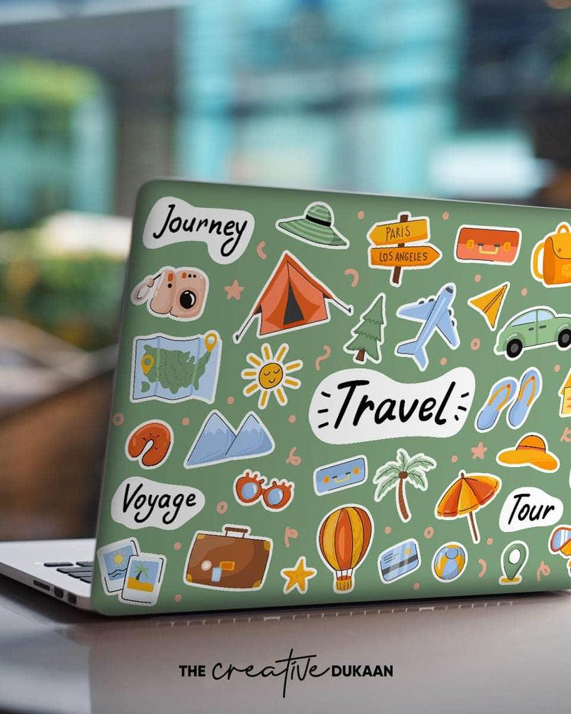Travel Doodle Laptop Skin in Green Colour Background - Creative Dukaan