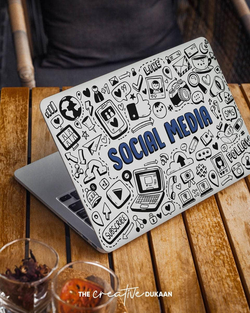 Sociale Media Doodle Laptop Skin With Silver Background - Creative Dukaan