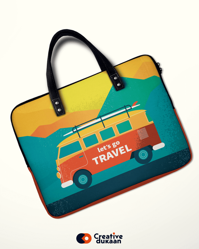 Quirky Colourful Laptop Sleeves with Tagline " Lets Go Travel" - Creative Dukaan